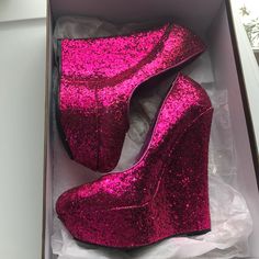 Bebe Fuchsia Glitter Wedge Heel Worn Twice Iphone Wedges Pink, Modern Pink Wedge Heel Shoes, Glitter Synthetic Wedge Sandals, Pink Glitter High Heel Boots, Pink 4-inch Wedge Heels, Glitter Shoes, Wedge Heels, Cute Shoes, Wedges