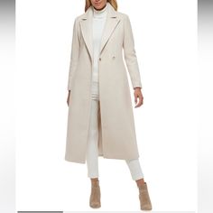 Peak Lapel Long Sleeves Concealed Snap Belted Waist Side Slip Pockets Lined Polyester 100% Dry Clean Imported Size & Fit Tailored Fit About 48" From Shoulder To Hem Calvin Klein Vest, Grey Pinstripe Suit, Crop Denim Vest, Womens Denim Vest, Belted Wrap Coat, Black Velvet Blazer, Stand Collar Jackets, Blazer Jackets For Women, Calvin Klein White