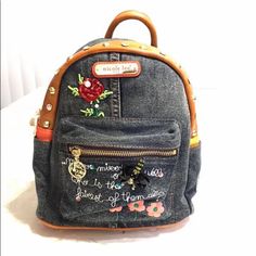 Women’s Nicole Lee Denim Embroidery Small Backpack Trendy Embroidered Backpack, Trendy Embroidered Backpack For Everyday Use, Back To School Denim Bag With Zipper Closure, Back To School Denim Bags With Zipper Closure, Trendy Embroidered Backpack For Travel, Casual Embroidered Backpack For Daily Use, Casual Embroidered Backpack For Everyday Use, Spring Embroidered Backpack, Casual Spring Bags With Embroidered Logo