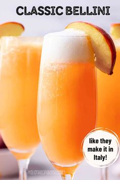 two glasses filled with orange juice and topped with an apple slice, text reads classic bellini like they make it in italy