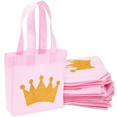 pink and gold princess party bags with glitter crowns on the front, set of 10