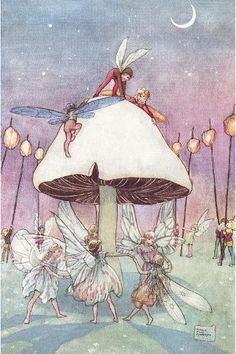 an image of children playing in front of a mushroom with fairy characters on it and the moon