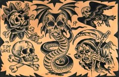 an old school tattoo design with skulls and dragon