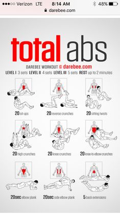 the total abs workout guide is shown in red and black, with instructions on how to do