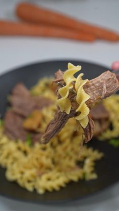 a plate with noodles, meat and carrots on it is being held by a fork