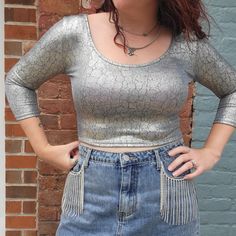 Silver metallic bodycon stretchy crop top Model is in her true size medium Stretchy Crop Tops, Custom Trucker Hats, Chapeau Cowboy, Painted Hats, Small Crop Tops, Skirt Jumpsuit, Vest Shirt, Short En Jean, Custom Hats