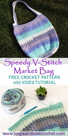 a crochet bag is shown with the text, speedy v - stitch market bag free crochet pattern