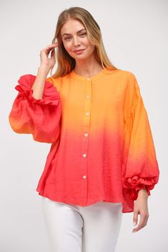 ROUND NECK BAND WITH BLOUSING RUFFLE OPENING 3/4 SLEEVE BUTTON DOWN BLOUSE TOP Sunrise Ombre, Red Ruffle Top, Sunrise Orange, Denim Jacket With Dress, Tequila Sunrise, Red Ombre, Orange Top, Pink Ombre, Button Down Blouse