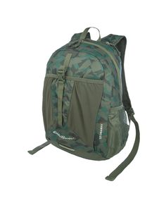 a green camouflage print backpack with straps