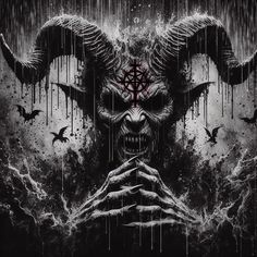 a demonic demon with horns and blood on it's face, surrounded by bats