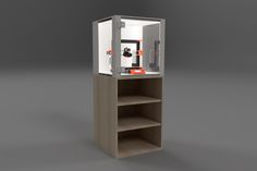 a 3d image of a machine in a bookcase on a gray background with an orange light coming from it