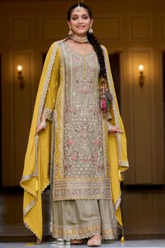 Tan Chinon Silk Embroidered Palazzo Style Suit Eid Mehendi, Lucknowi Kurta, Embroidery Mirror, Gudi Padwa, Bridal Dupatta, Palazzo Style, Palazzo Suit, Kurta Dress, Party Wear Lehenga