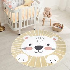 a baby's room with a crib, teddy bear and lion rug on the floor