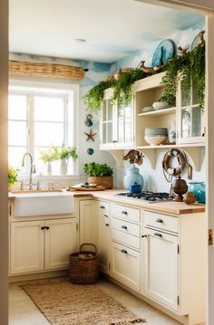 a kitchen with white cabinets and blue painted walls, plants on the shelf above the sink