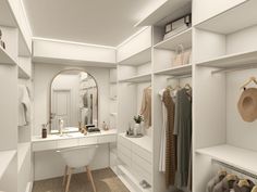 custom white walk-in closet design inspo with vanity table Makeup Counter In Closet, Dressing Table In Walk In Closet, Walk In Closet With Dressing Table, Closet With Vanity Table, Vanity Inside Walk In Closet, Closet With Makeup Vanity Built In, Wardrobe With Vanity Table, Walk In Closets With Vanity, Walk In Closet Design Modern