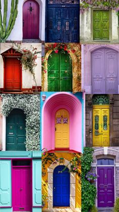 many different colored doors and windows with plants