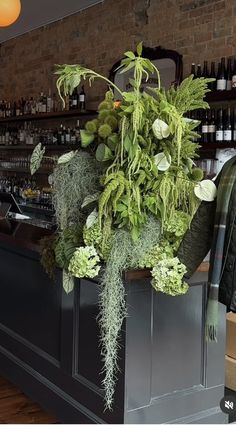 a planter filled with lots of green plants sitting on top of a metal counter