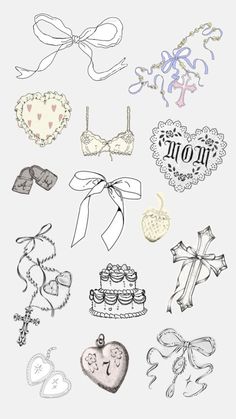 an assortment of wedding and bridal items drawn in ink on paper with colored pencils