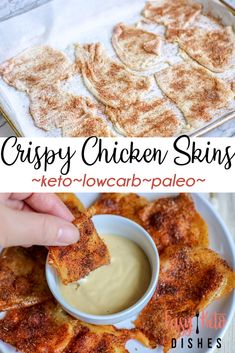 crispy chicken skins keto - low carb pale on a plate with dipping sauce