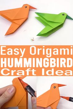 an origami bird craft is shown with the words easy origami hummingbird craft idea