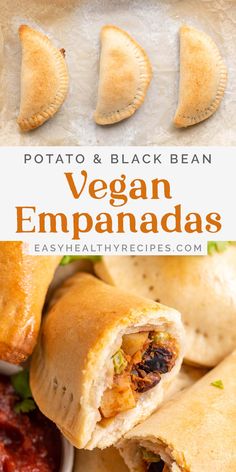 an image of vegan empanadas with salsa in the background and text overlay