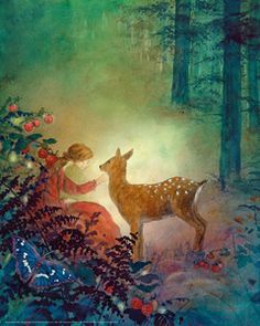 Daniela Drescher The maiden meets the deer Grimm's Fairy Tales, Brothers Grimm Fairy Tales, Poster Shop, Grimm Fairy Tales, Fairytale Illustration, Art And Illustration, Children's Book Illustration