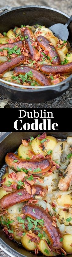 two pictures of food in a pan with the words dublin cobble on top and bottom