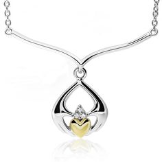 Sterling Silver Ladies Claddagh Pendant w/CHAIN Sterling Silver and 14K Gold mix - Diamond Claddagh Necklace. They pair perfectly with matching earrings UES-6171 and matching ring ULS-6169A thick layer of 14K yellow gold metal is fused to the sterling silver base on the heart of the necklace. Length of the necklace is approximately 16 inches and features a lobster clasp.Measurements:16" Sterling Silver ChainCenter piece: 22 mm long and 32 mm wide (~0.87" x 1.25")There are 3 natural diamonds on t Claddagh Necklace, Jewlery Rings, Matching Ring, Urn Necklaces, Special Jewelry, Gorgeous Jewelry, Dog Quotes, Jewelry Silver, Gold Charm