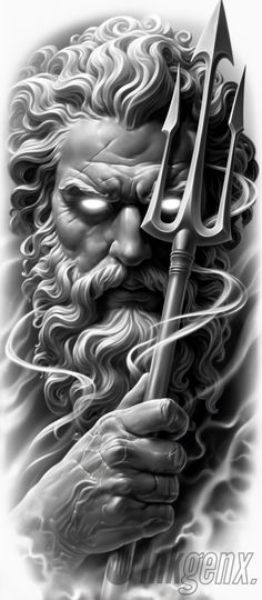 Poseidon With Trident Tattoo, Greek Sleeve Tattoo For Men, Gods Tattoos Mythology, White Boy Tattoos, Poseidon Drawing Art, Greek Hand Tattoo, Art Sketches Tattoo Design, Hades Art Greek Mythology, Greek Myth Tattoo