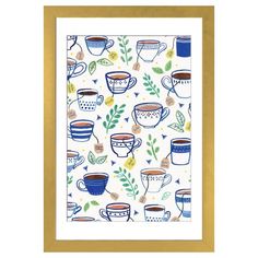 a blue and white print with coffee cups on it, framed in gold trimming