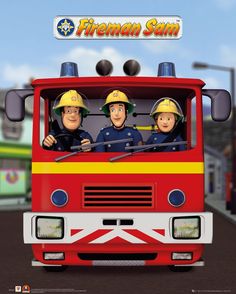 the fireman sam movie poster with three men riding in a firetruck,