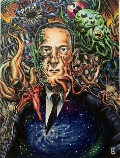 a painting of a man with an octopus in his hand and other monsters surrounding him