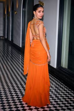 Orange pre-draped saree with glass bead, sequin, cutdana embroidery. Paired with front cut-out embroidered padded blouse. - Aza Fashions Fitted Orange Pre-draped Saree For Wedding, Wedding Sharara With Mirror Work And Draped Shape, Wedding Sharara With Mirror Work And Draped Style, Wedding Draped Sharara With Mirror Work, Cutdana Embroidery, Draped Saree, Padded Blouse, Drape Saree, Blouse Saree