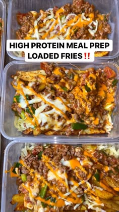 three plastic containers filled with food and the words high protein meal prep loaded fries