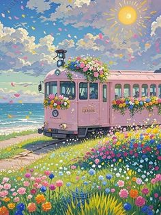 a painting of a pink train with flowers on the side and water in the background