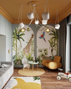 a child's room with giraffes and palm trees on the wall