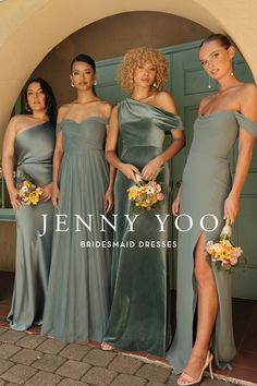 three bridesmaid dresses are shown in front of a doorway with the caption jenny you