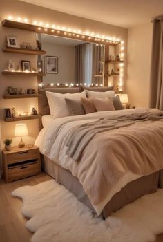 a large bed sitting in a bedroom next to a night stand with lights on it