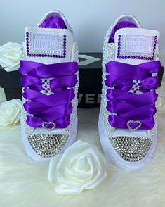 Silver Lace-up Sneakers For Wedding, Bedazzled Shoes, Bridal Sneakers, Bling Converse, Tie Sneakers, Wedding Converse, Custom Bling, All Stars Converse, Custom Air Force 1