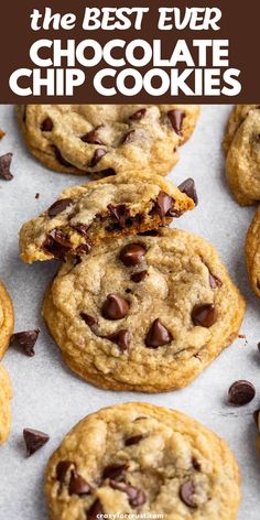 the best ever chocolate chip cookies on a sheet of baking paper with text overlay