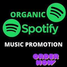 the logo for organic spotify music promotion is shown in purple and green on a black background