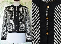 "B7 Such a bright and lovely 70's/80's wool knit sweater jacket. -Tag: Castleberry // London New York -Made in USA -Fabric is 75% wool 25% rayon knit -Black and white in a wavy zigzag pattern throughout. Kind of like zebra -6 buttons down the front -Long sleeves; Light shoulder padding -Tag says size 10. Size seems best for a Small-Med. Please see measurements. -Mannequin has 34B bust, 26\" waist, and 37\" hips, for reference. -Overall, great vintage condition with no holes, but there is a faint Spring Wool Cardigan With Buttons, Spring Wool Sweater With Buttons, Tall Brown Leather Boots, Zigzag Pattern, Zig Zag Pattern, Wool Knit, Cropped Jacket, Sweater Blouse, Knit Jacket