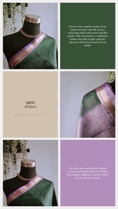 Discover the exquisite beauty of our handwoven pure soft silk sari in a captivating dark bottle green and lilac purple. This sari features a traditional border and pallu in light gold jari, adorned with intricate leaf and vine motifs. The rich colours and delicate designs create a harmonious blend of tradition and elegance, making it a perfect choice for any special occasion. • #kanjivarampattusareesonline #silksarees #kanjivaramsilksarees #kanjivaram #softsilk #softsilksaree #softsilksarees #softsilksareesonline #indiansaree #indiansarees #southindianfashion #kanjivarampattusaree #redsilksari  #checkeredsilksari #checkered  #greensilksaree #green #forestgreen Sadi Design, Bengali Bridal Makeup, Florist Logo, Photography Filters, Saree Photoshoot, Designer Saree Blouse Patterns, Scarf Women Fashion, Vogue India, Ethnic Outfits