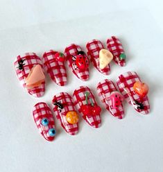 picnic nails 🍒 @nicedaynails Picnic Nails Summer, Cherry Pie Nails, Picnic Nails Design, Apple Nails Art, Apple Pie Nails, Food Themed Nails, Fruit Nail Designs Acrylic, Strawberry Picnic Nails, Picnic Nail Art