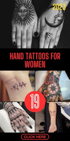 hand tattoos for women are on display in this advertisement, which features images of hands and symbols