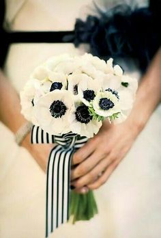 a bride holding a bouquet of white and black flowers in her hands with a striped ribbon