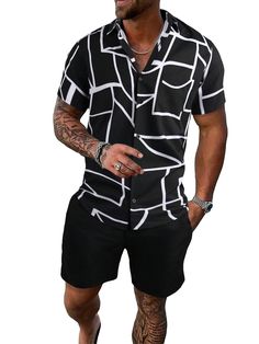 Introducing our Men's Tropical Short Sleeve Shirt & Shorts Set - the perfect combination of style and comfort. Made with high-quality materials and featuring a vibrant tropical print, this set is perfect for any summer occasion. Stay cool and in style with this must-have set. Casual button up hawaiian shirt with shorts set for men Fabric: Fabric has no stretch, soft and comfortable Feature: Tropical print, collar neck, short sleeve, drawstring, button front, shorts set, fashionable SIZE NECK CHE Black Collared Shirt For Summer, Black Collared Summer Shirt, Black Collared Shirt For Beach Season, Black Hawaiian Shirt For Spring And Summer, Black Relaxed Fit Camp Shirt For Vacation, Black Hawaiian Shirt For Summer, Black Camp Shirt For Spring Vacation, Black Printed Hawaiian Shirt For Summer, Black Printed Hawaiian Shirt For Beach Season