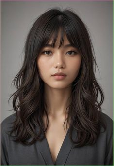 Female Hairstyles With Bangs, Japanese Mid Length Hairstyle, Haïr Cut For Big Forehead, Asian Bangs Hairstyles, Asian Curtain Bangs Medium Hair, Asian Hair With Bangs, Japanese Medium Hair, Asian Haircuts Female, Japanese Layered Haircut