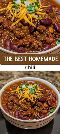 two bowls filled with chili, beans and cheese on top of a table next to each other