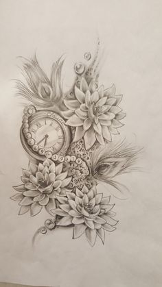 a drawing of flowers and a clock on paper